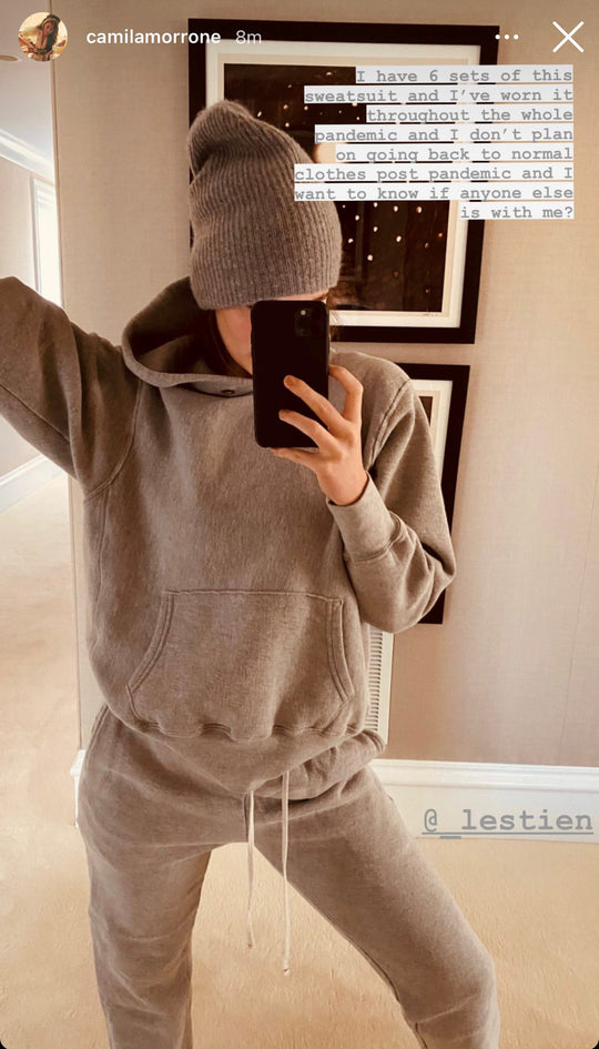 Camila Morrone instagram post of her favorite sweatsuit by Les Tien