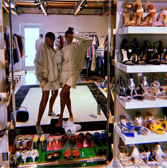 Hailey Bieber and Maeve wearing Les Tien Core hoodies and shorts