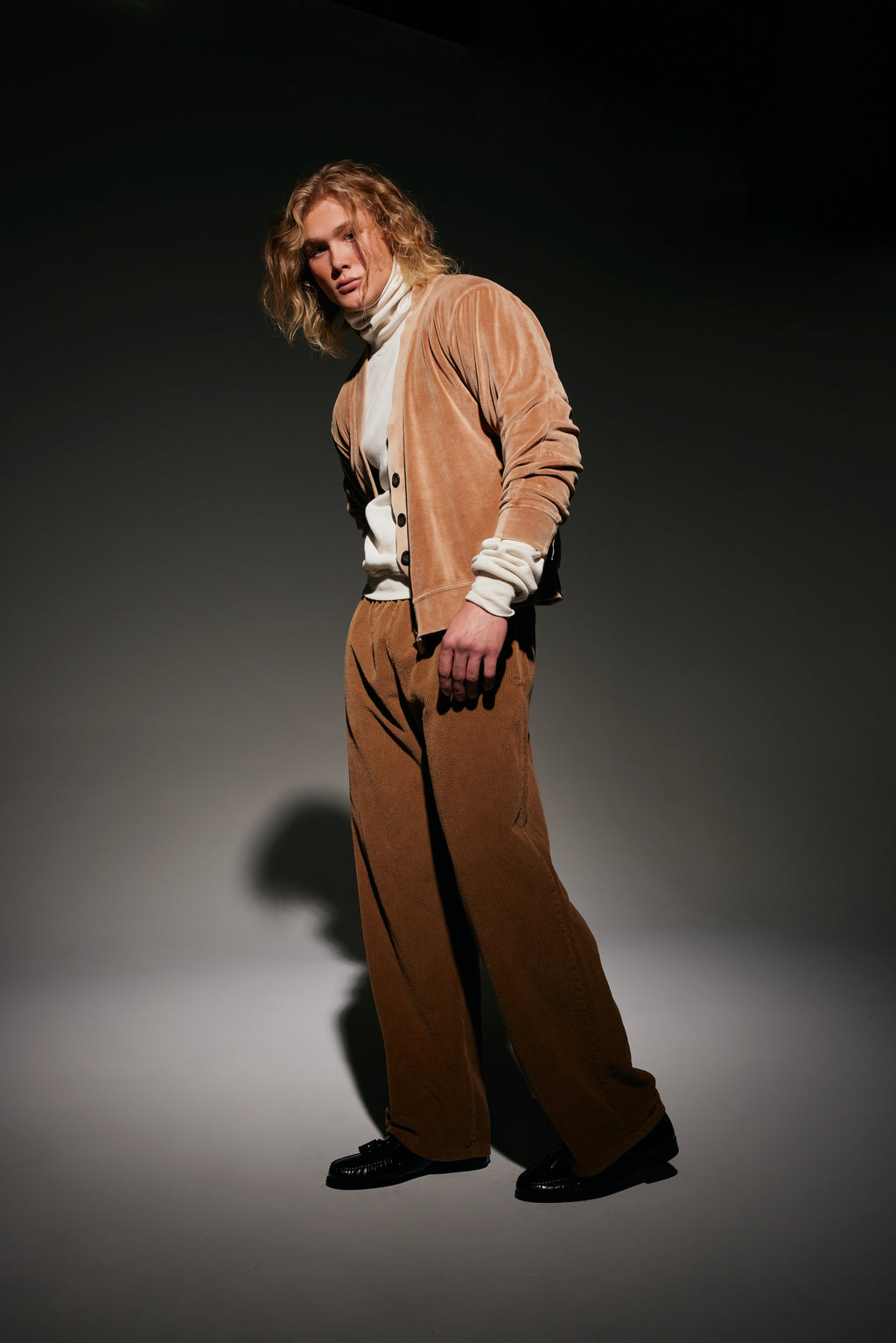 Brown mens high fashion editorial buttons elite model wearing velour japanese corduroy