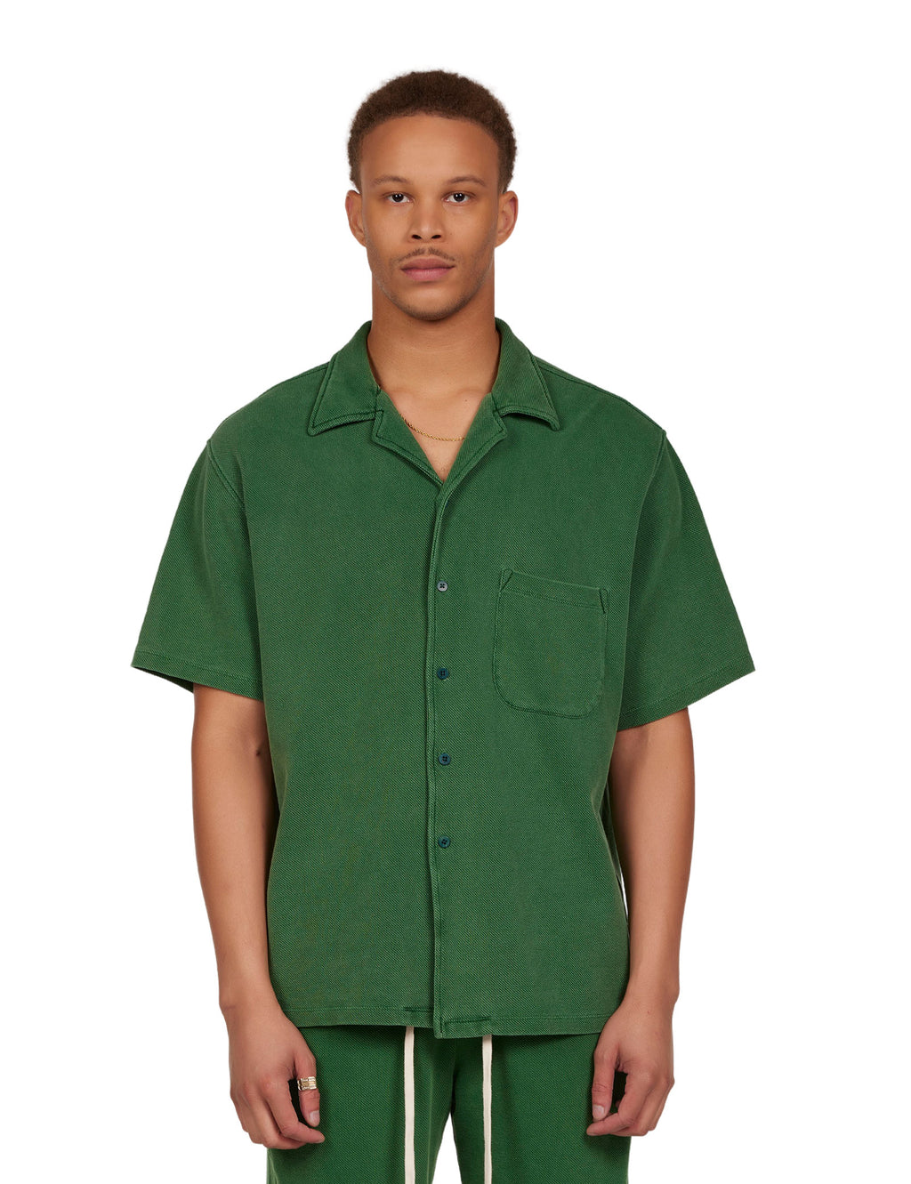 LES TIEN - For Him - Piqué S/S Cuban Shirt in Washed Verde