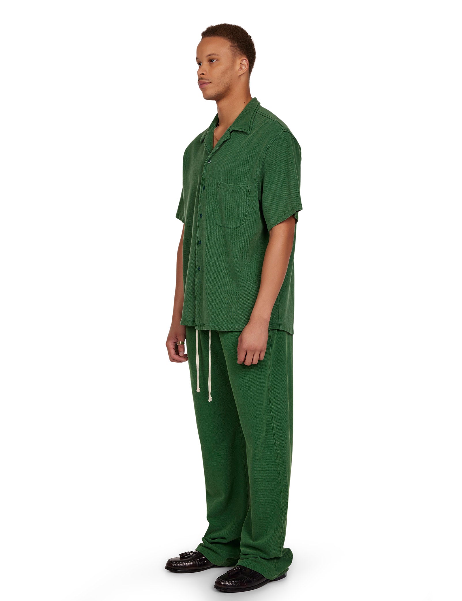 LES TIEN - For Him - Piqué S/S Cuban Shirt in Washed Verde