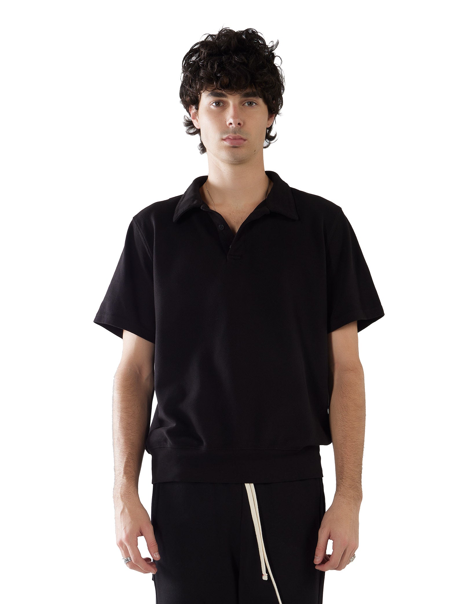 LES TIEN - For Him - Piqué S/S Banded Tennis Polo in Jet Black